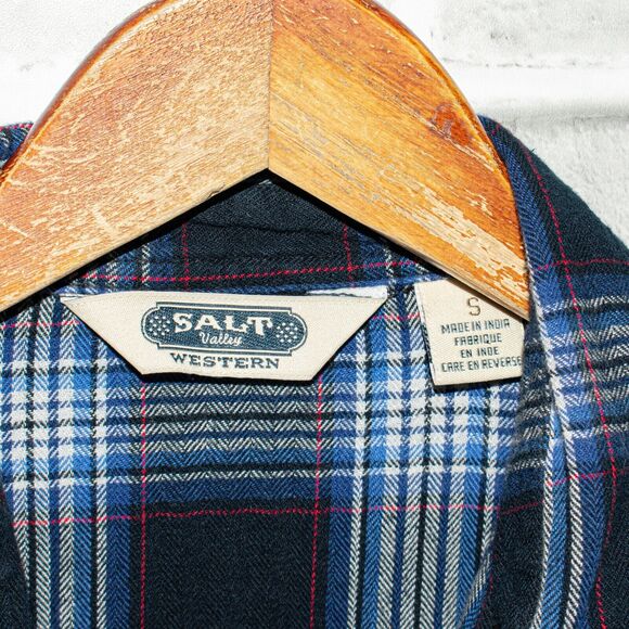 Salt Valley Western Flannel Shirt Blue Plaid Cotton Size Small - Picture 3 of 6